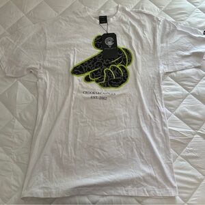 Crooks & Castles White Tee with Camouflage and Neon Green Design